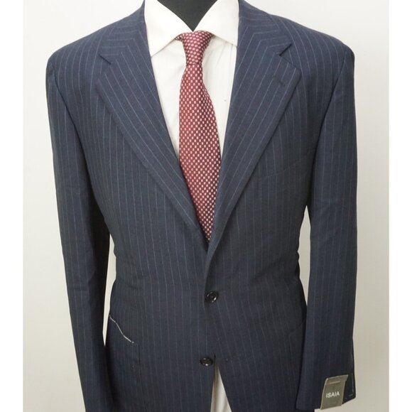 Isaia Sirio A Blue Mohair Wool Striped 2 Pc Suit Jacket Pants Sz 44R Brand New - Picture 3 of 11